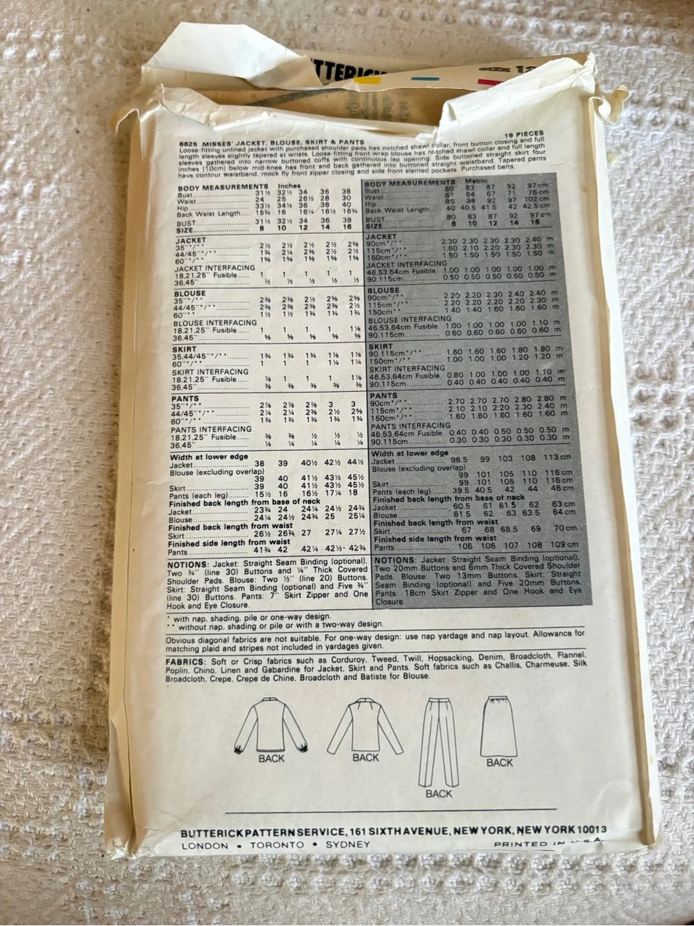Vintage Butterick Pattern 6625 for Misses’ Jacket, Skirt, Blouse, & Pants
